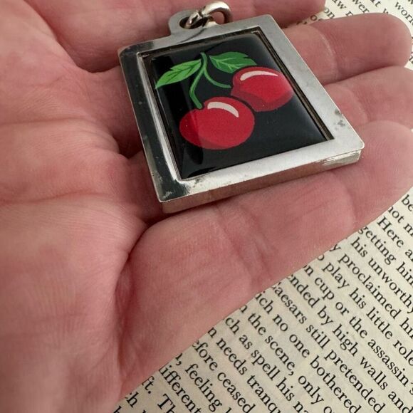 Silver Tone Retro Pinup Rockabilly Cherry Necklace Pendant - Picture 2 of 4